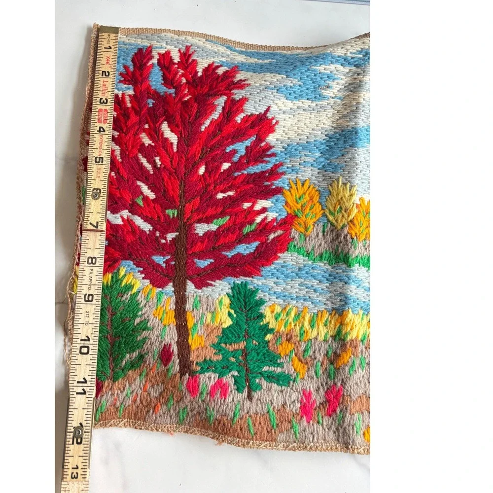 Vintage Hand Stitched Needlepoint Landscape Tree Scene Burlap Textile Art 14x12
